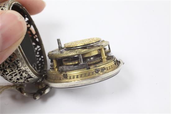 An early 18th century silver pair cased repeating verge pocket watch by David Lestourgeon, London,